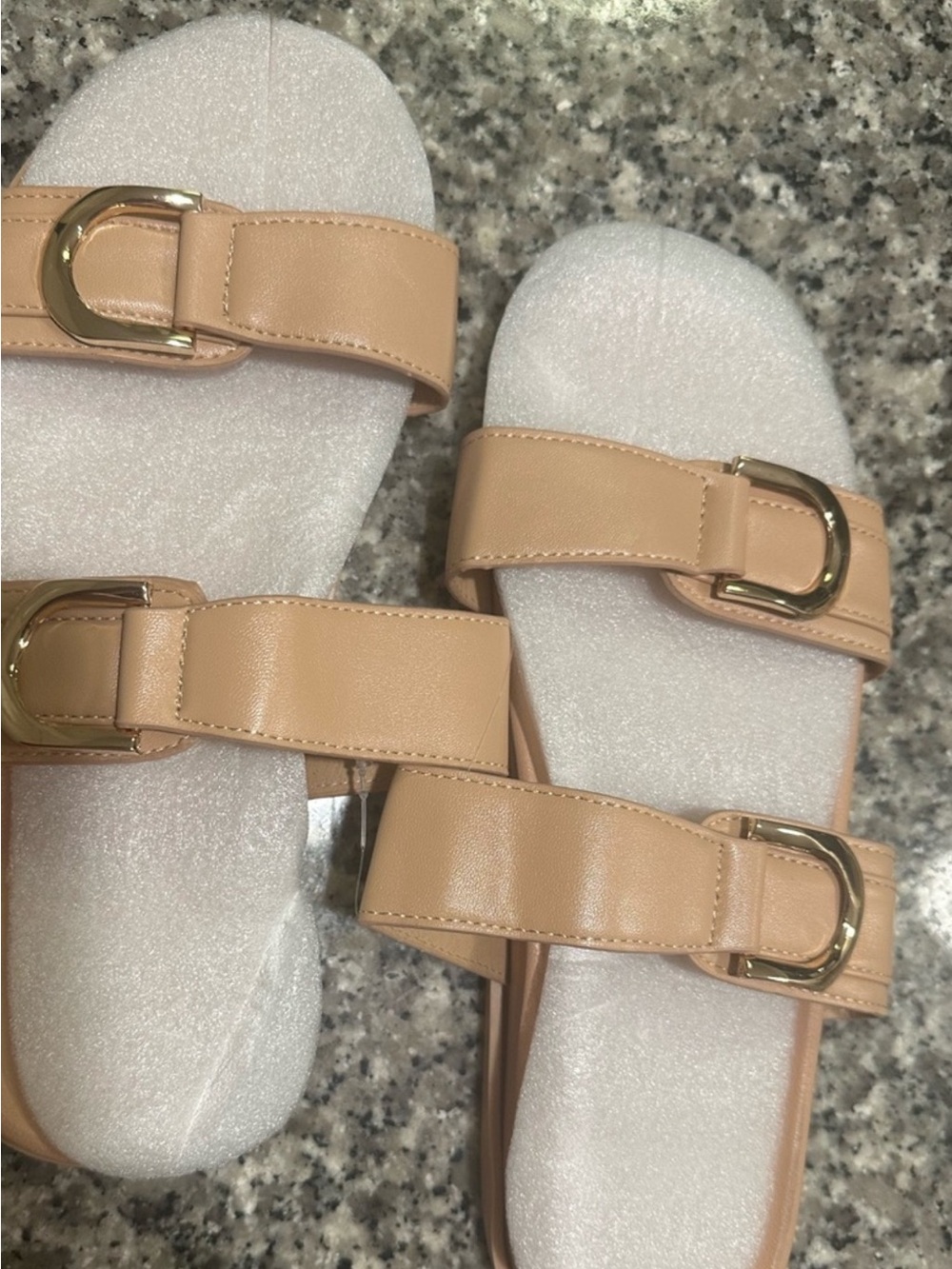 Neutral Beige Double-Strap Slide Sandals with Gold Buckles